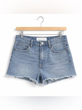 DENIM FORUM Arlo 50s High Rise Denim Shorts Frayed Blue Size 27